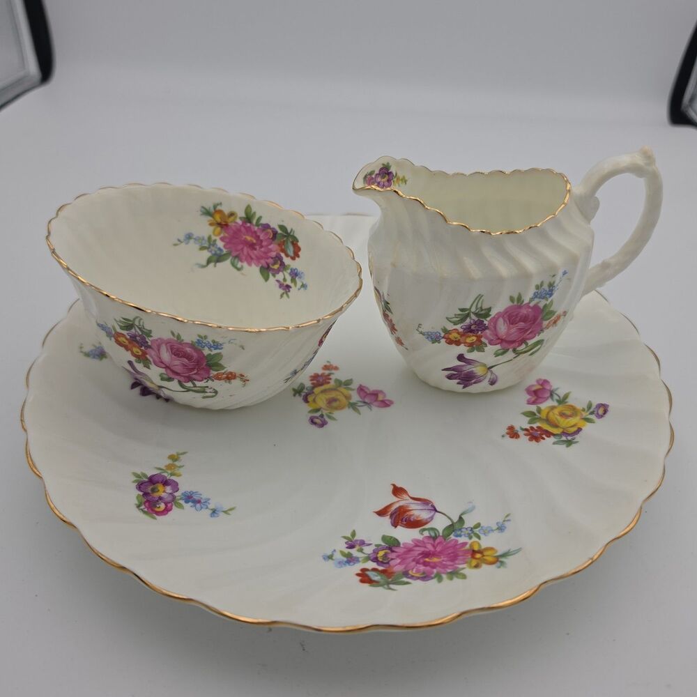 Vtg Aynsley England Bone China Creamer Sugar Bowl Tray Set Floral Bouquet C202